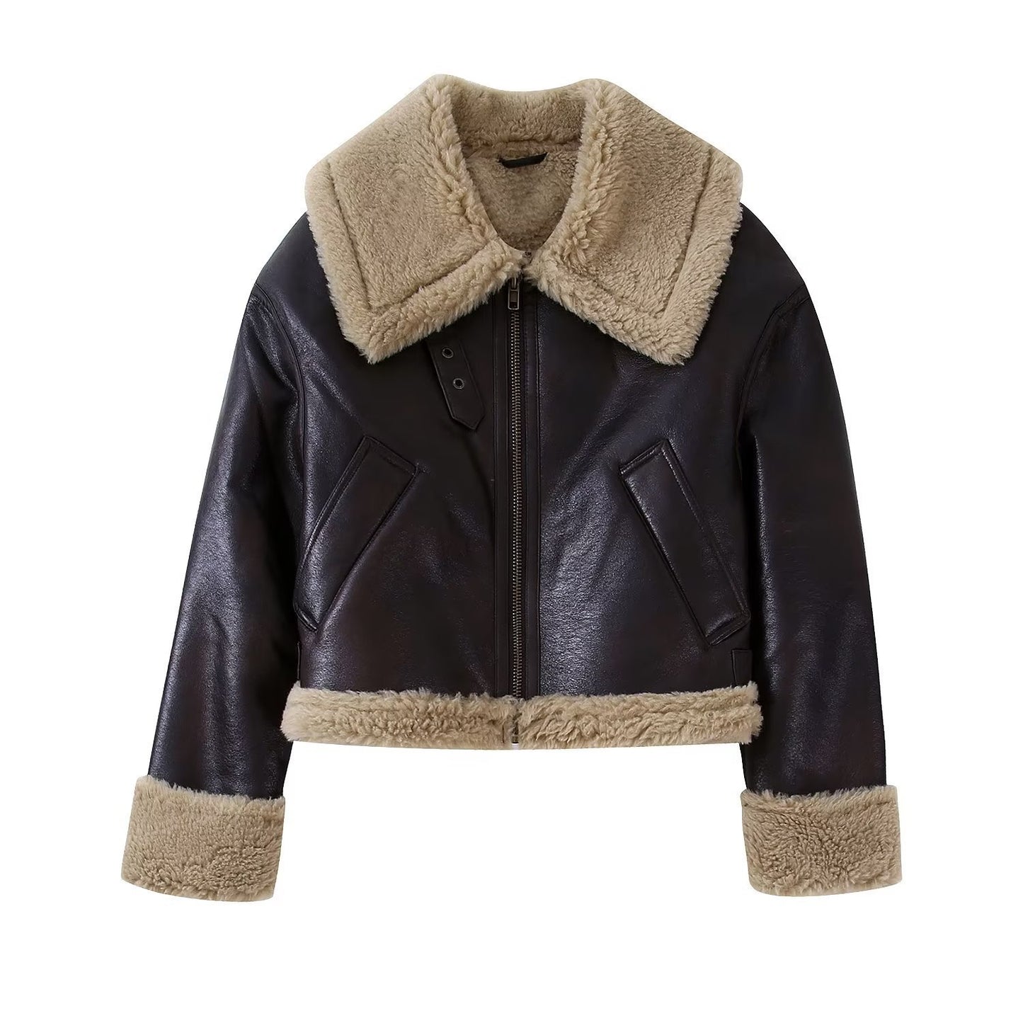 Brauner Damen Casual Pelz Doppelseitiger Kurzmantel