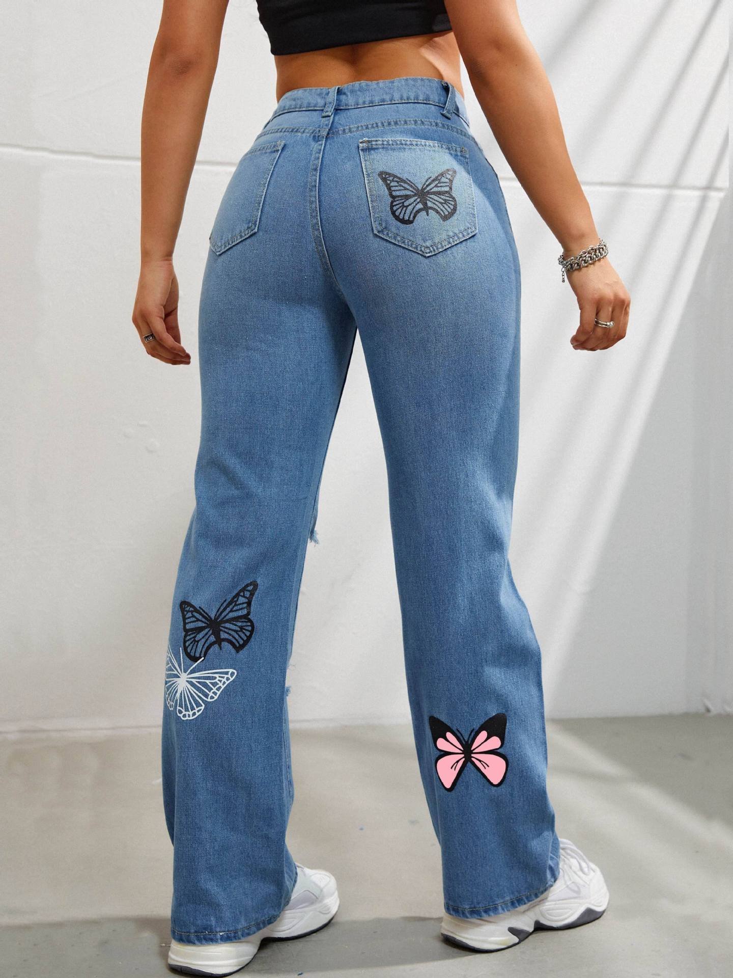 Schmetterlings-Print High-Waist-Jeans mit Rissen