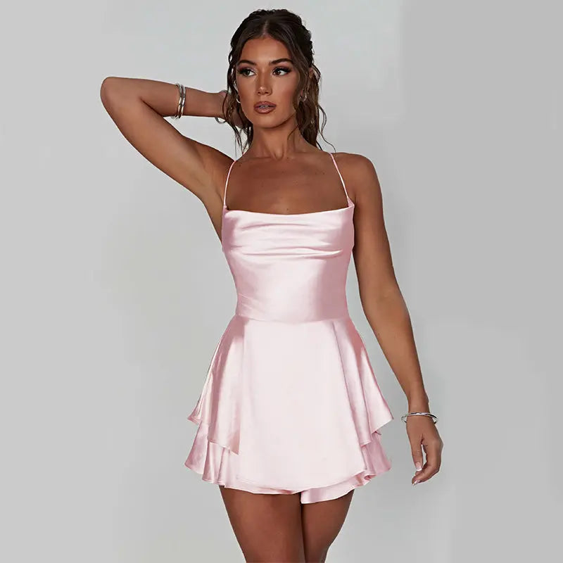 Sommer Neues Elegantes Schlankes Satin-Rückenloses Schnürungs-A-Linien-Kleid