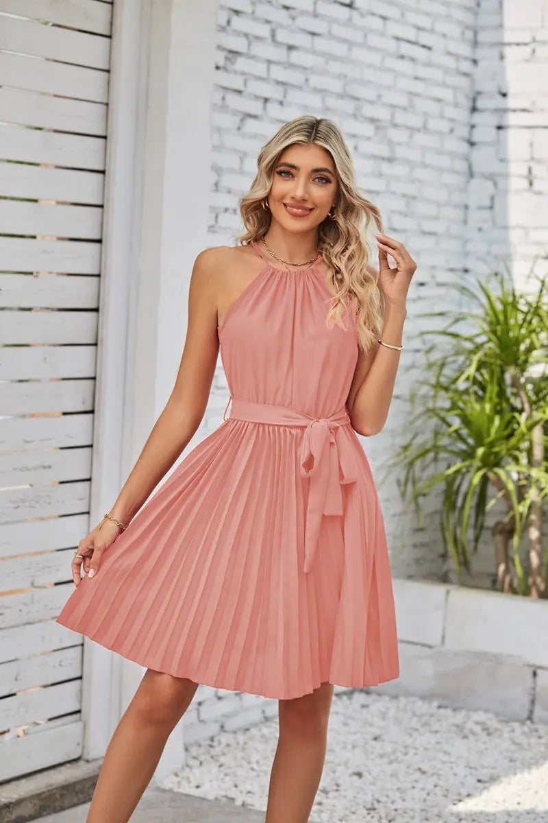 Schulterfreie Halterkleider für Damen: Eleganter Sommerstrand-Sommerkleid mit solidem Plissee-Rock"