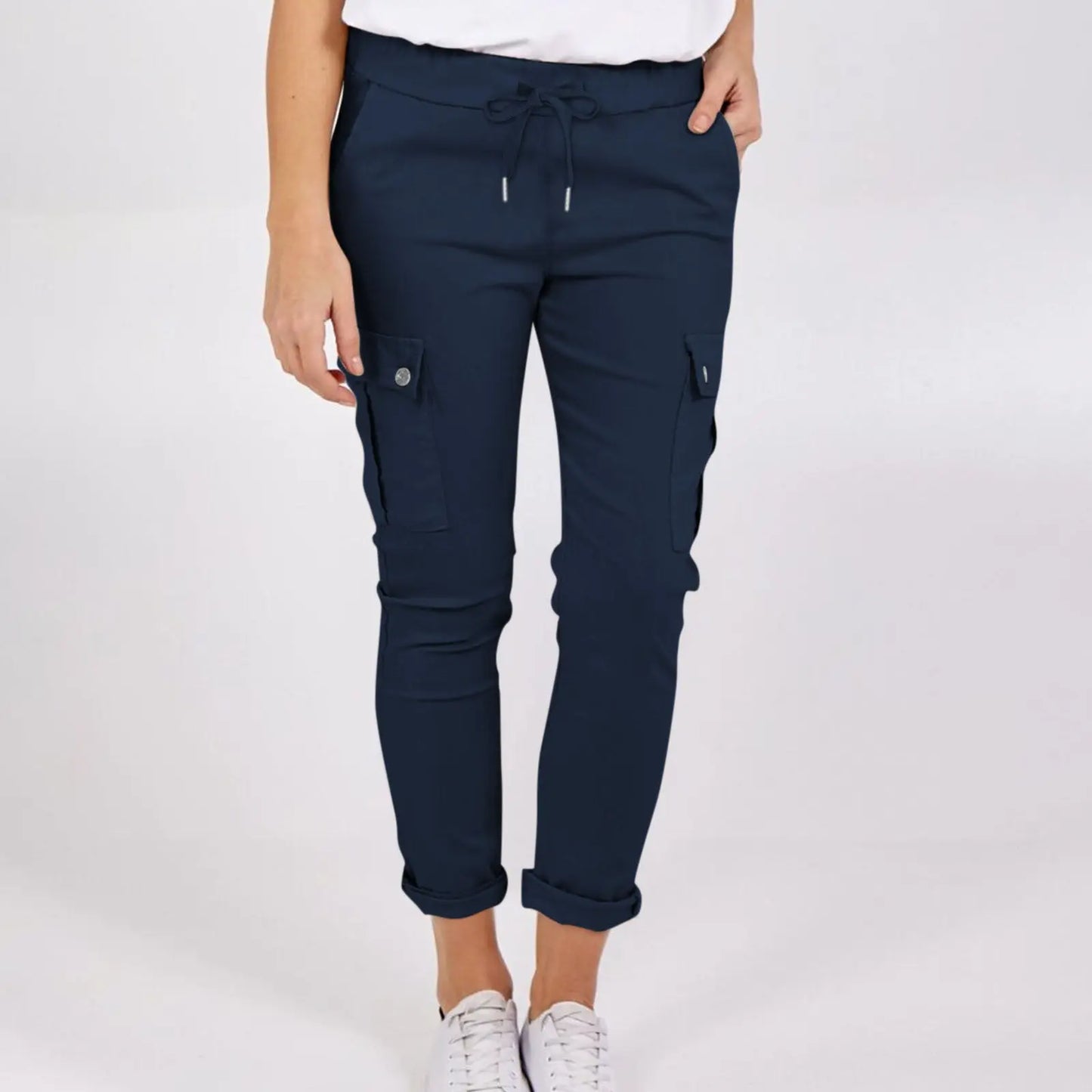 Lässige Cargo-Hose mit Taschen, einfarbig, mit Tunnelzug am Bund, Bleistifthose für Frauen