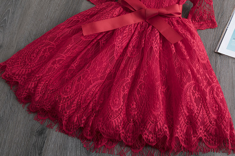 Frühlings- und Herbstkleid mit Spitze für Mädchen