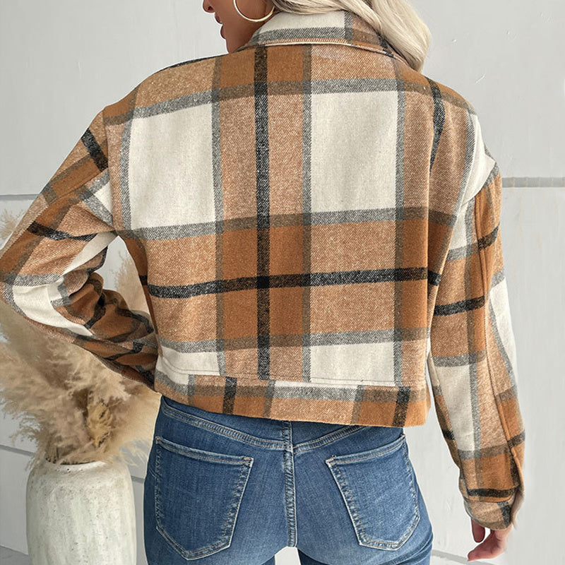 Karierte Kurze Jacke mit Revers und Taschen für Damen