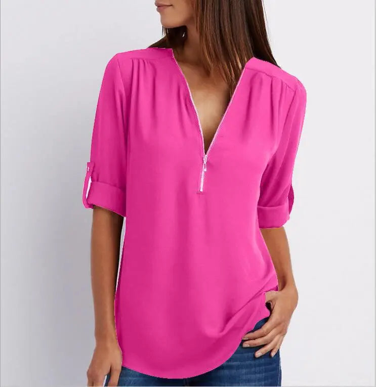 Kurzhemd mit Frauen mit Zipper und V -Flick -Lose Top