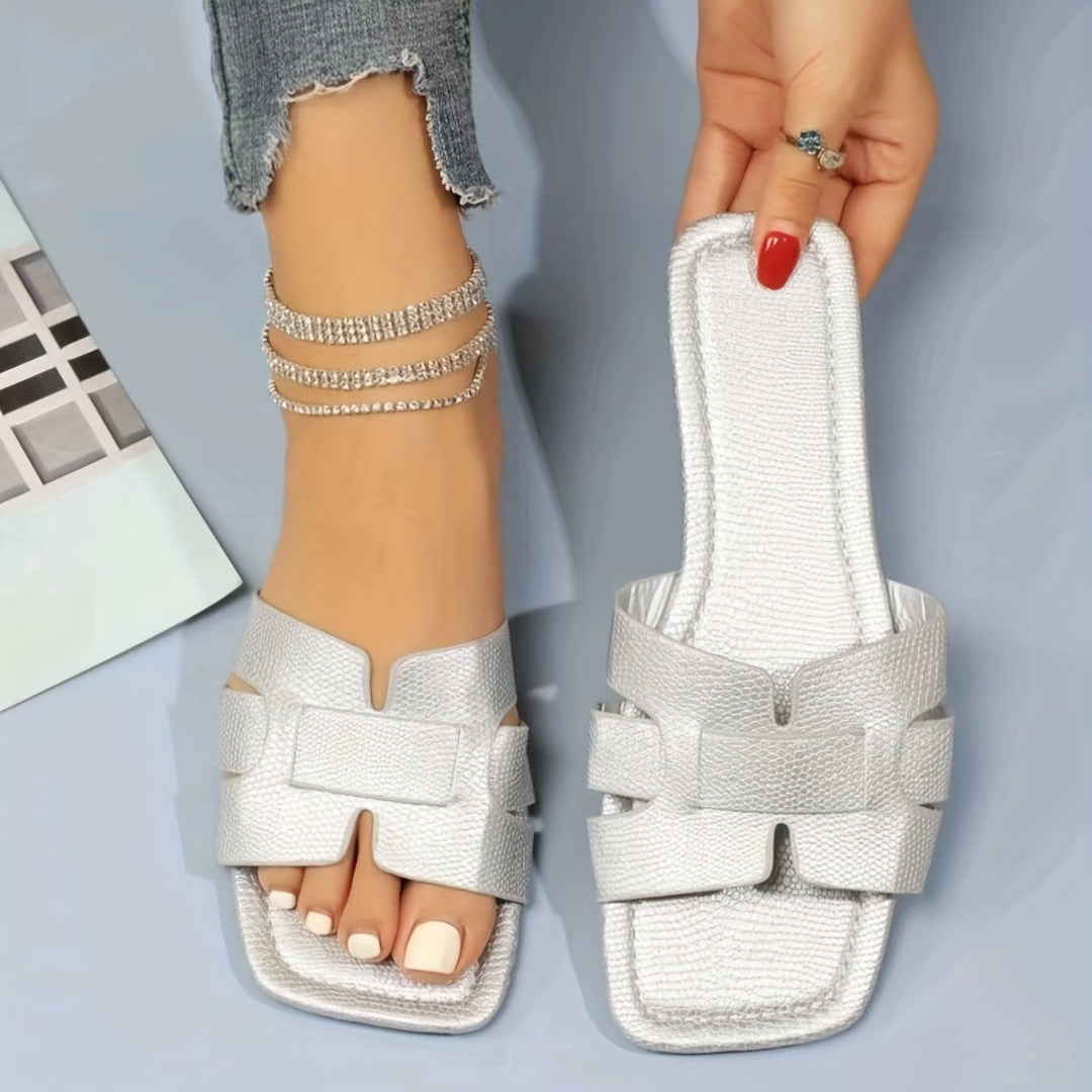 Sommerliche Hohle Quadratische-Zehen-Flats Damen-Sandalen Rutschen Hausschuhe