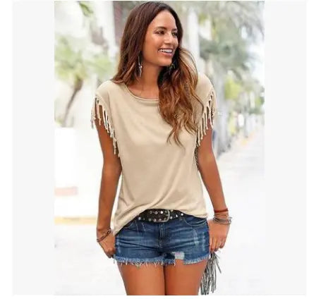 Damen Rundhalsausschnitt T-Shirt mit kurzen Ärmeln und Quasten-Manschetten - Baumwoll-Oberteil