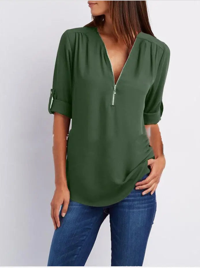 Kurzhemd mit Frauen mit Zipper und V -Flick -Lose Top