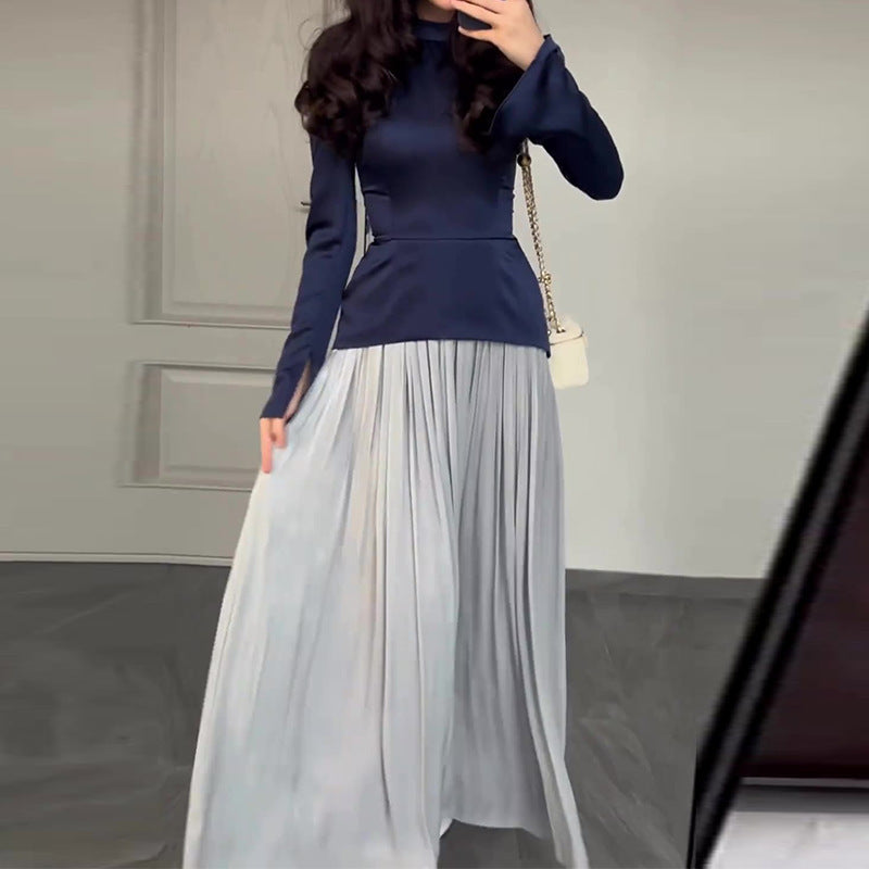 Damen Kleid mit Patchwork-Design und Rundhalsausschnitt