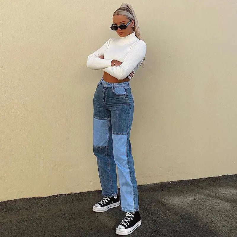 Kontrastnähte Jeans mit hohem Bund und geradem Bein Damen