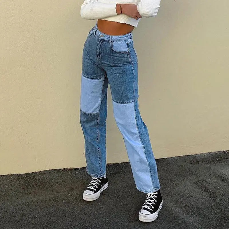 Kontrastnähte Jeans mit hohem Bund und geradem Bein Damen