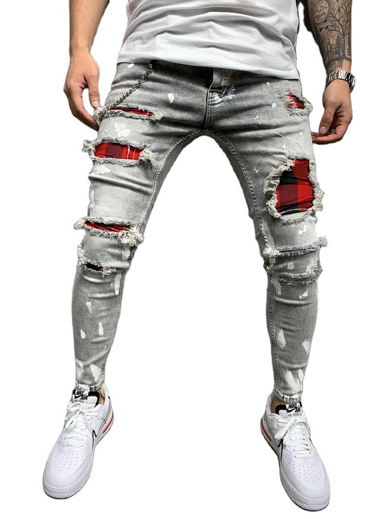Zerrissene Patch Mode Slim-Fit Punkt Farbe Stretch Herren Jeans