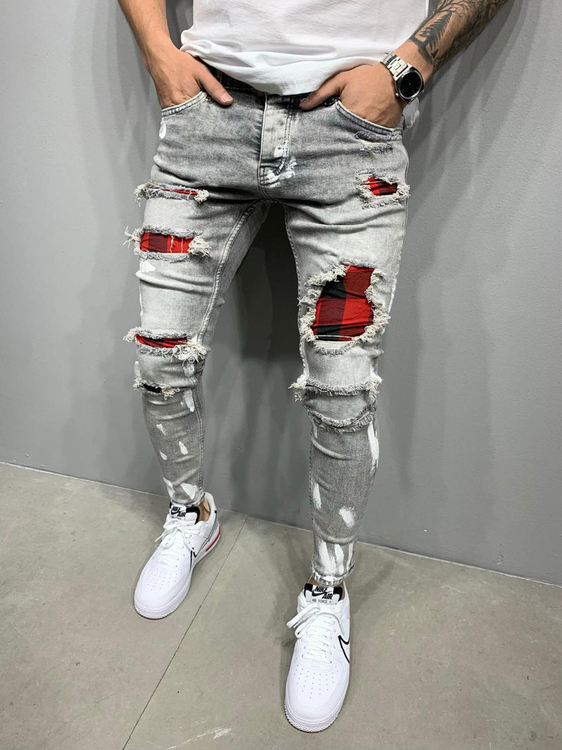 Zerrissene Patch Mode Slim-Fit Punkt Farbe Stretch Herren Jeans