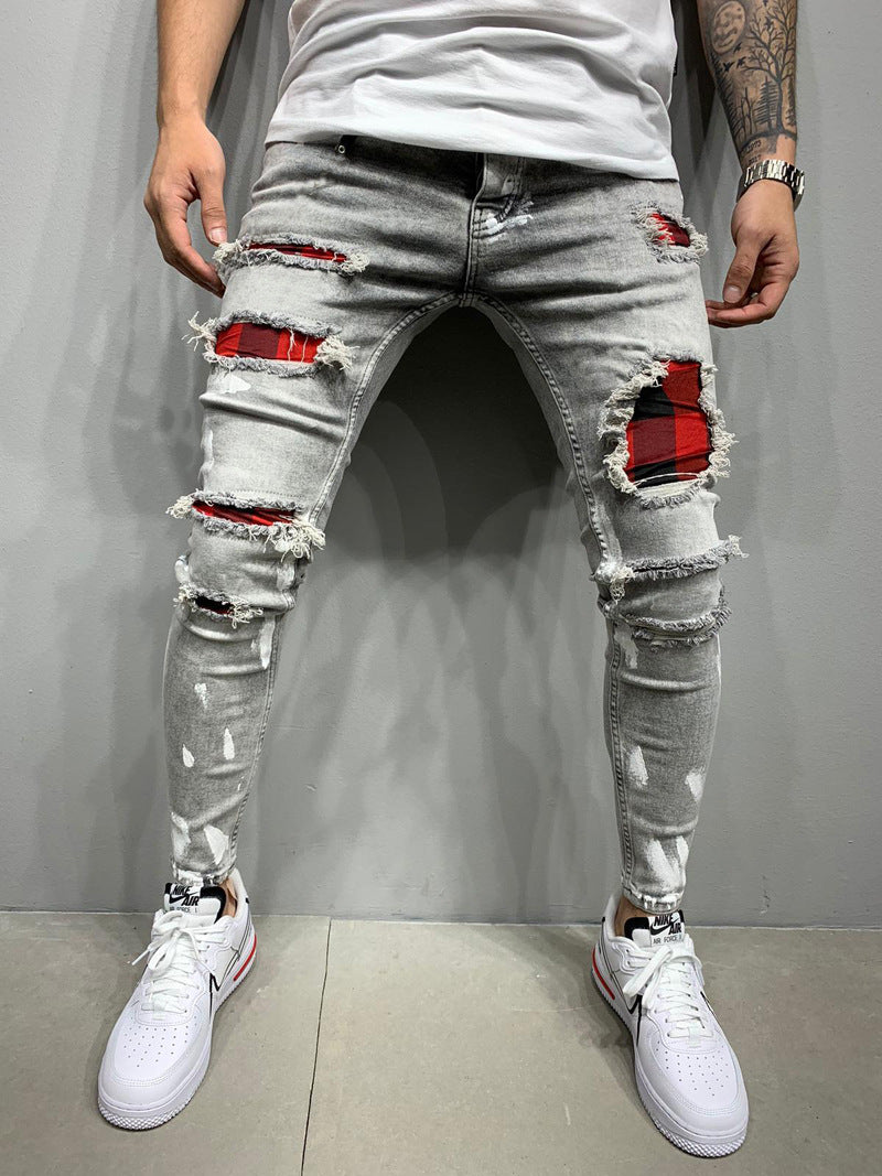 Zerrissene Patch Mode Slim-Fit Punkt Farbe Stretch Herren Jeans