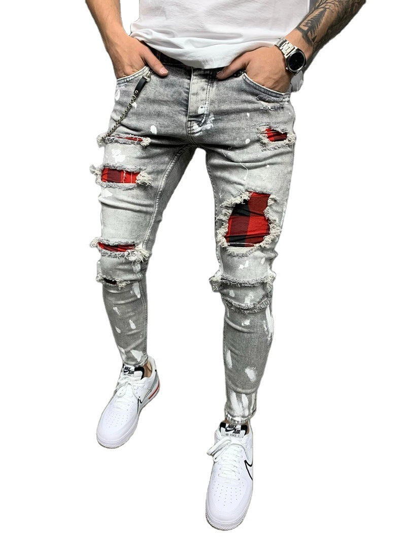 Zerrissene Patch Mode Slim-Fit Punkt Farbe Stretch Herren Jeans