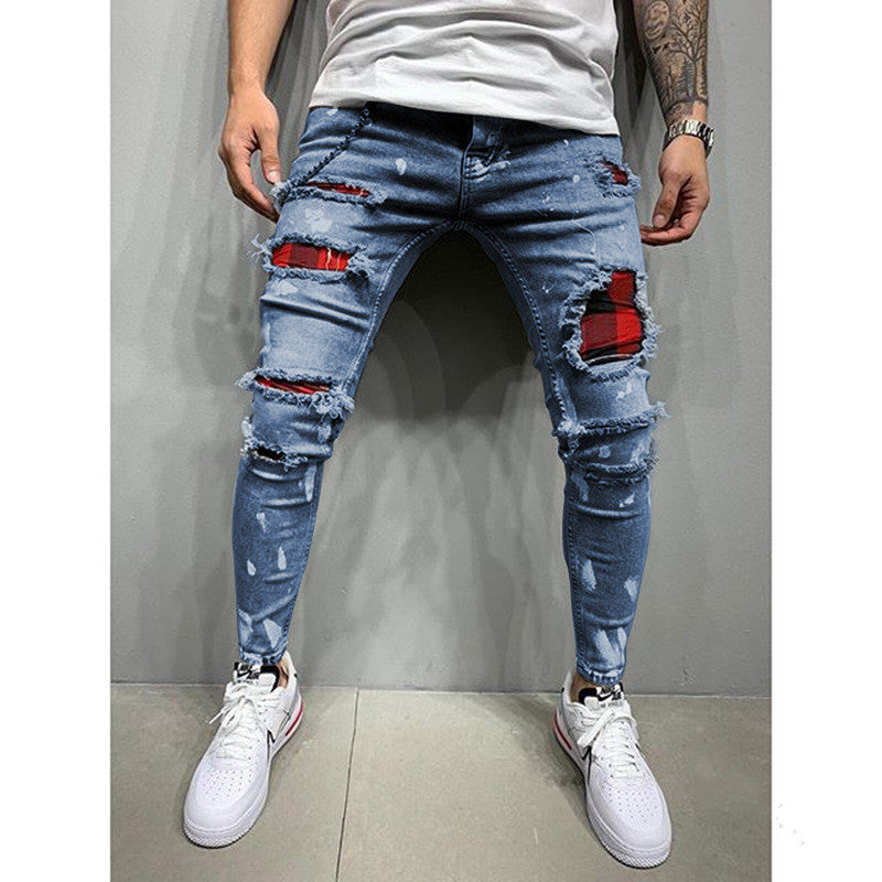 Zerrissene Patch Mode Slim-Fit Punkt Farbe Stretch Herren Jeans