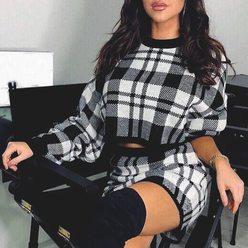 Damen – Elegantes Büro-Zweiteiler-Set mit kariertem Pullover und Rock