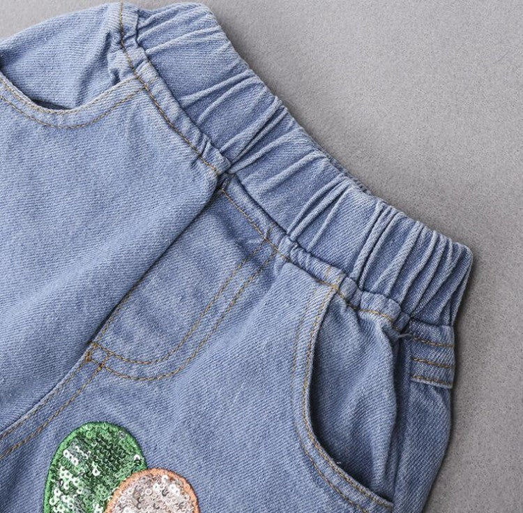 Gelbes Baumwoll-Brief-T-Shirt und Jeans-Anzug für Mädchen