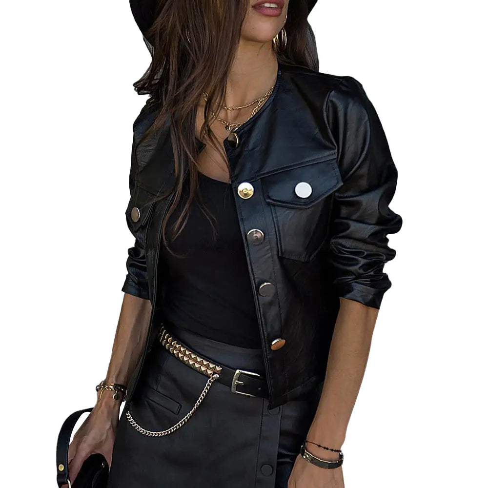 Damen PU Lederjacke Kunstleder Mantel