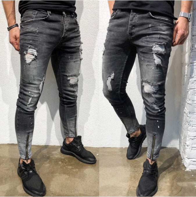 Zerrissene Hose mit elastischen Fußbündchen und Reißverschluss für Männer
