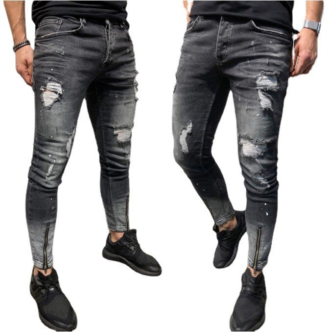 Zerrissene Hose mit elastischen Fußbündchen und Reißverschluss für Männer