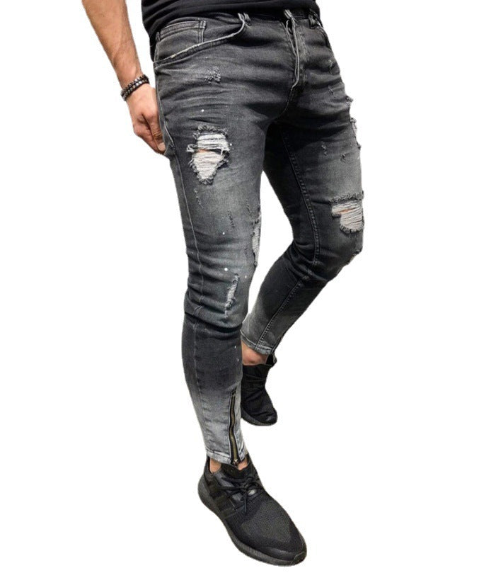 Zerrissene Hose mit elastischen Fußbündchen und Reißverschluss für Männer