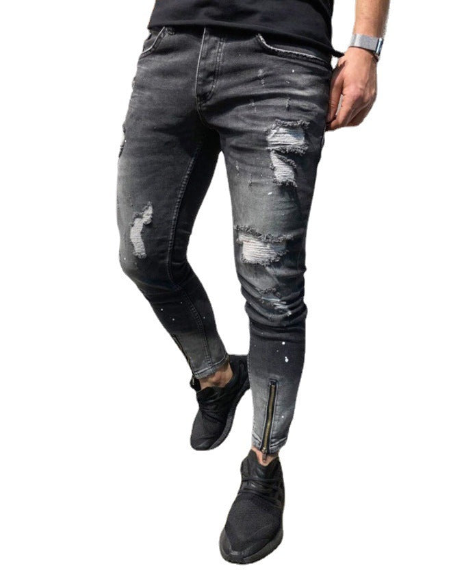 Zerrissene Hose mit elastischen Fußbündchen und Reißverschluss für Männer