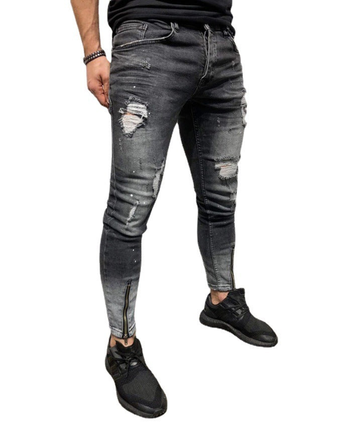 Zerrissene Hose mit elastischen Fußbündchen und Reißverschluss für Männer