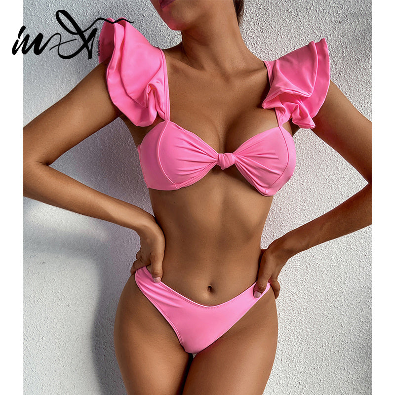 Persönlichkeit Einfarbig Rüsche Bikini-Set - Neue Bademode