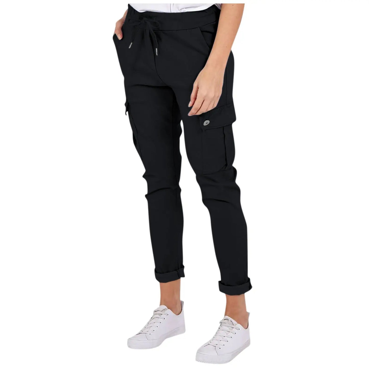 Lässige Cargo-Hose mit Taschen, einfarbig, mit Tunnelzug am Bund, Bleistifthose für Frauen