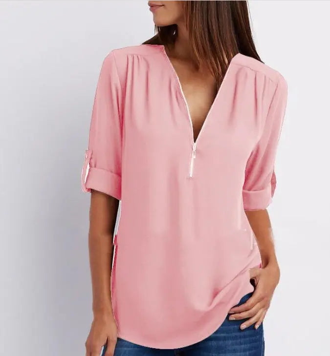 Kurzhemd mit Frauen mit Zipper und V -Flick -Lose Top