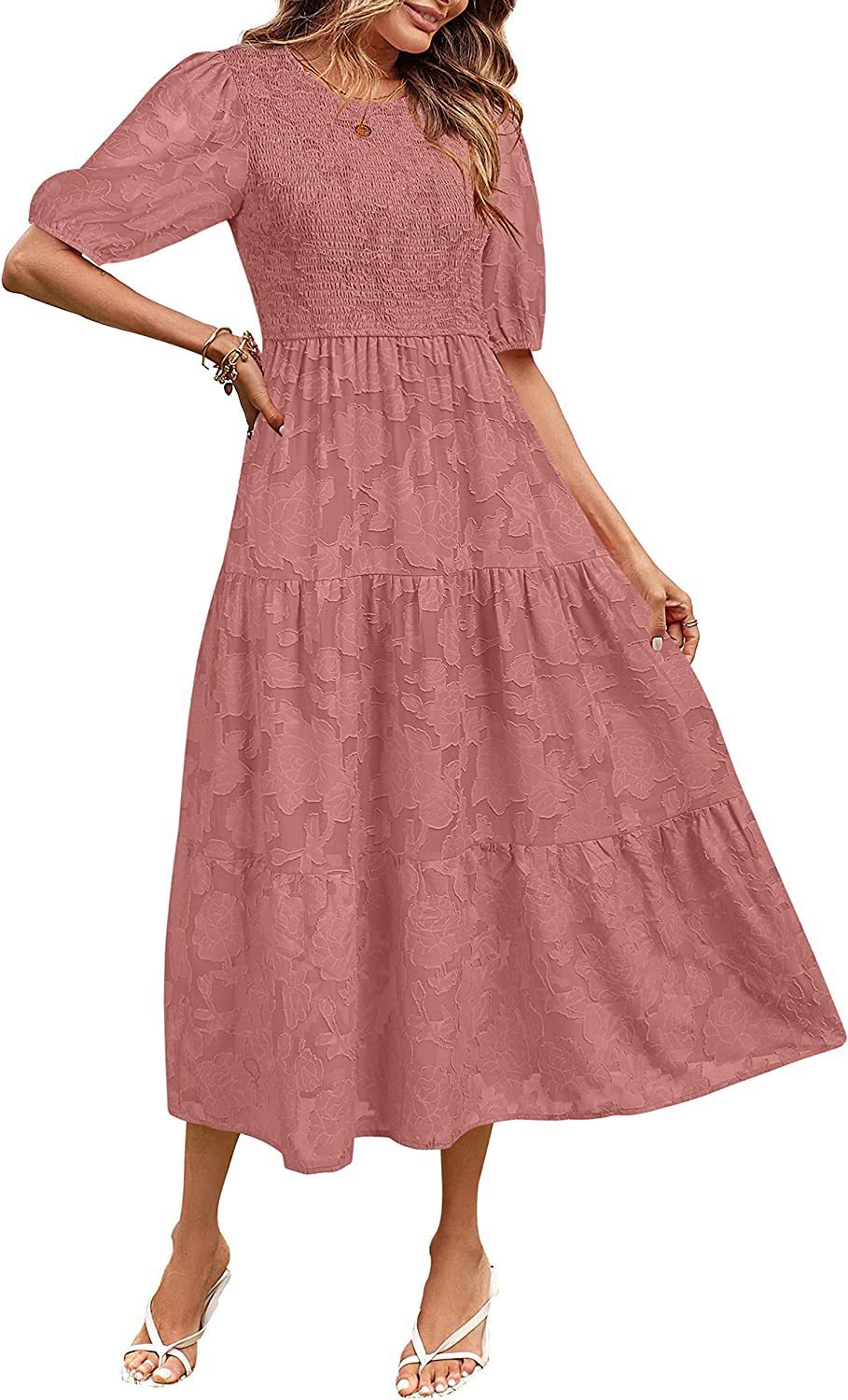 Gefältetes Ballonärmel-Lagenblumenkleid