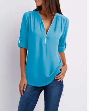 Kurzhemd mit Frauen mit Zipper und V -Flick -Lose Top