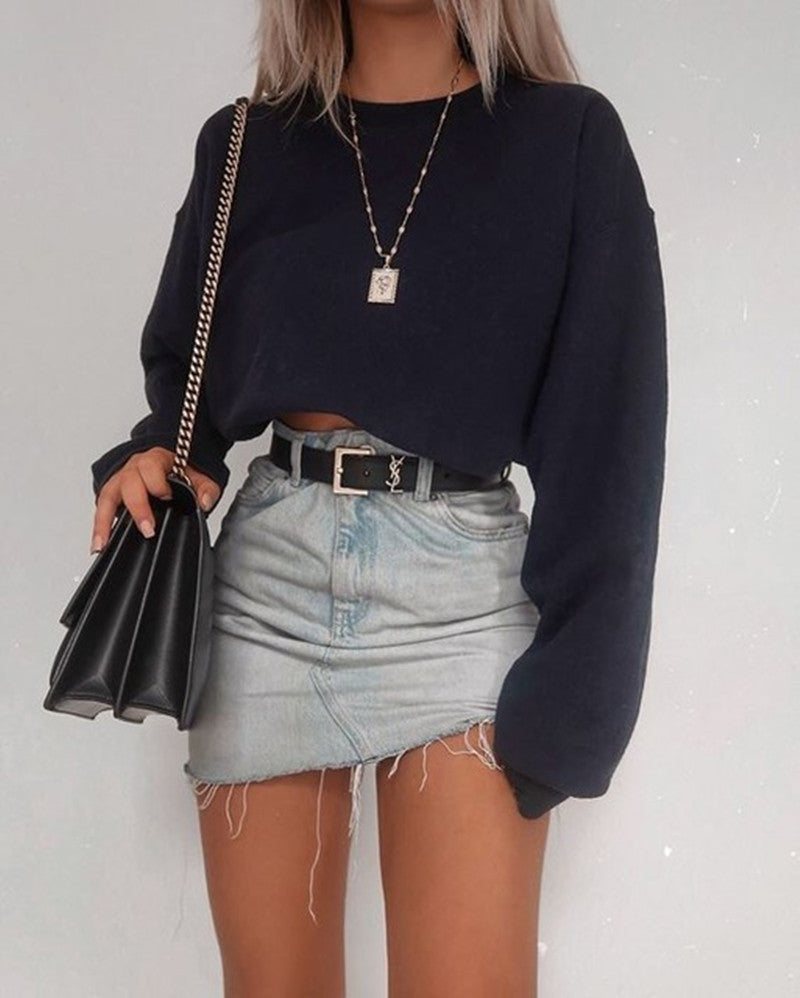 Damen Langarm-Crop-Top-Shirts