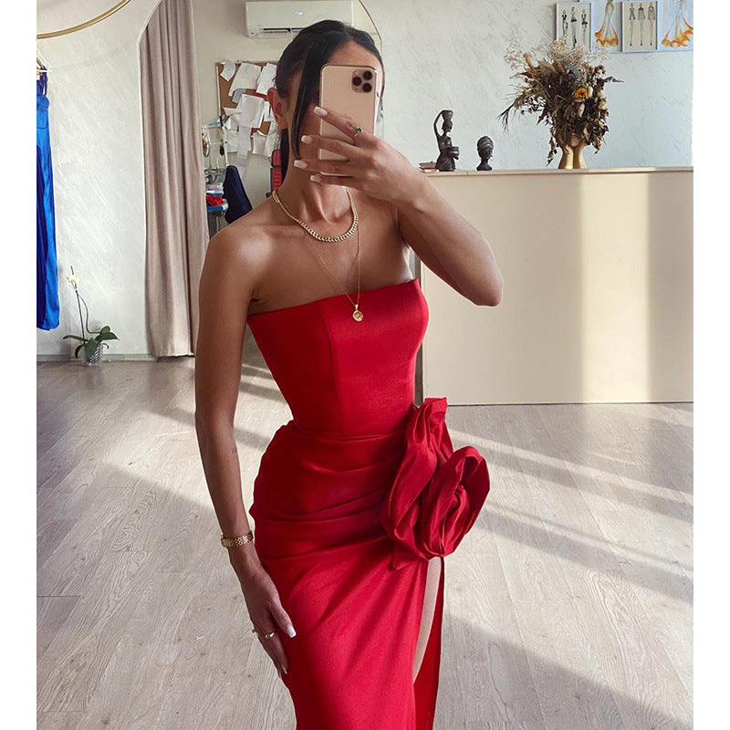 Rotes Blütenmeer Kleid mit hoher Taille und Rückenausschnitt