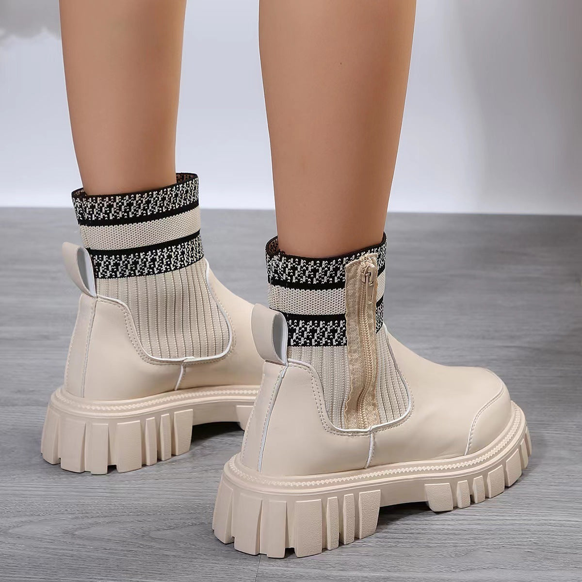 Modische Mid-Tube-Stiefel mit Reißverschluss und Strick-Patchwork für Damen