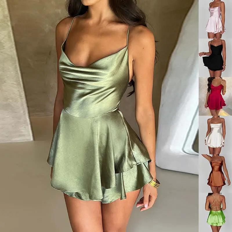 Sommer Neues Elegantes Schlankes Satin-Rückenloses Schnürungs-A-Linien-Kleid