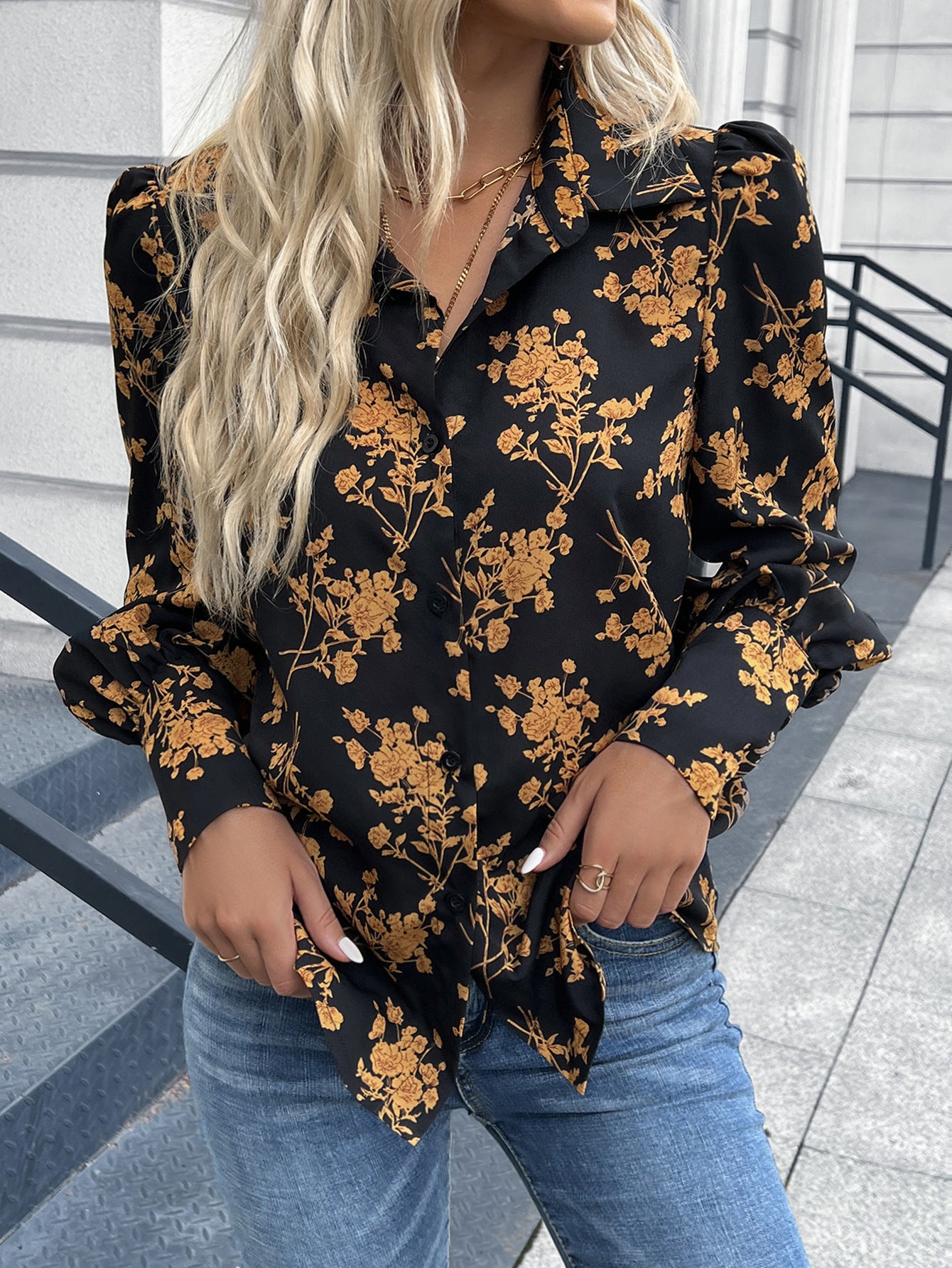 Elegantes Hahnentrittmuster Damenbluse mit Puffärmeln