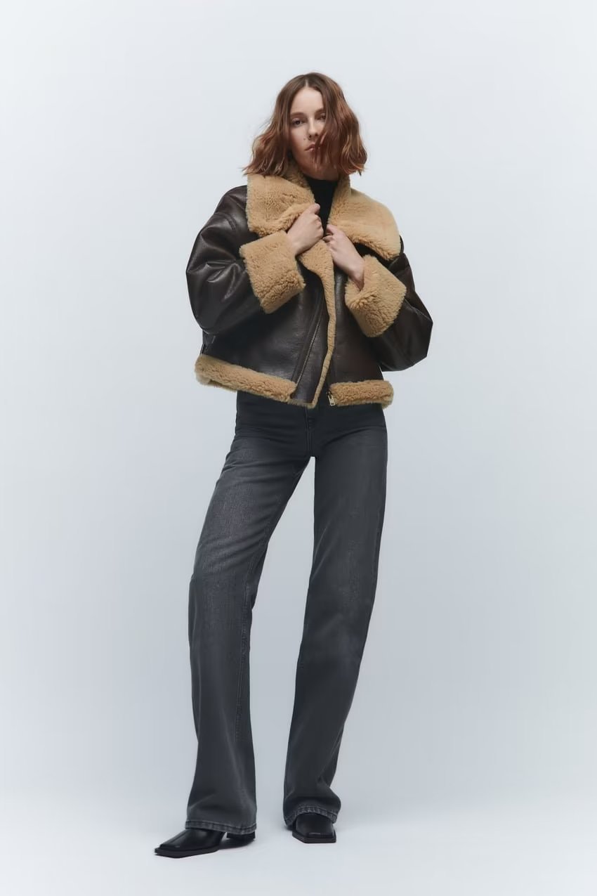 Brauner Damen Casual Pelz Doppelseitiger Kurzmantel