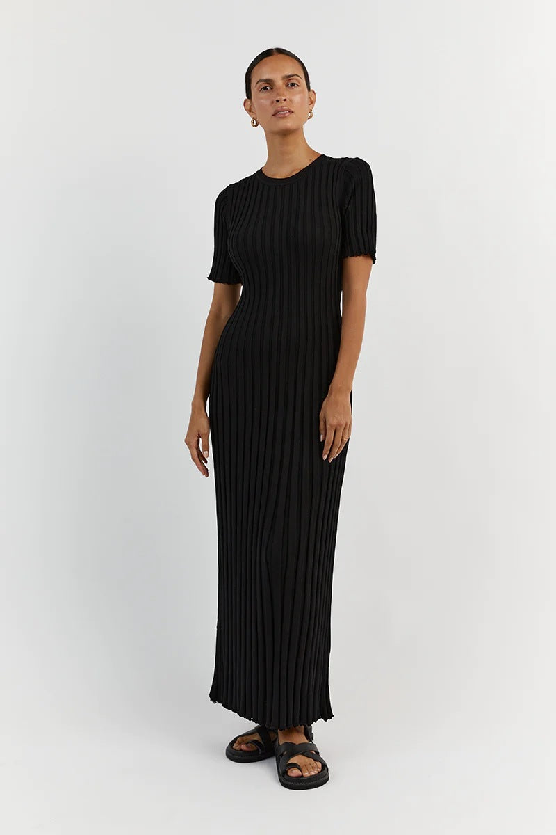 Rundhals-Strickkleid mit schmaler Taille und Streifenmuster