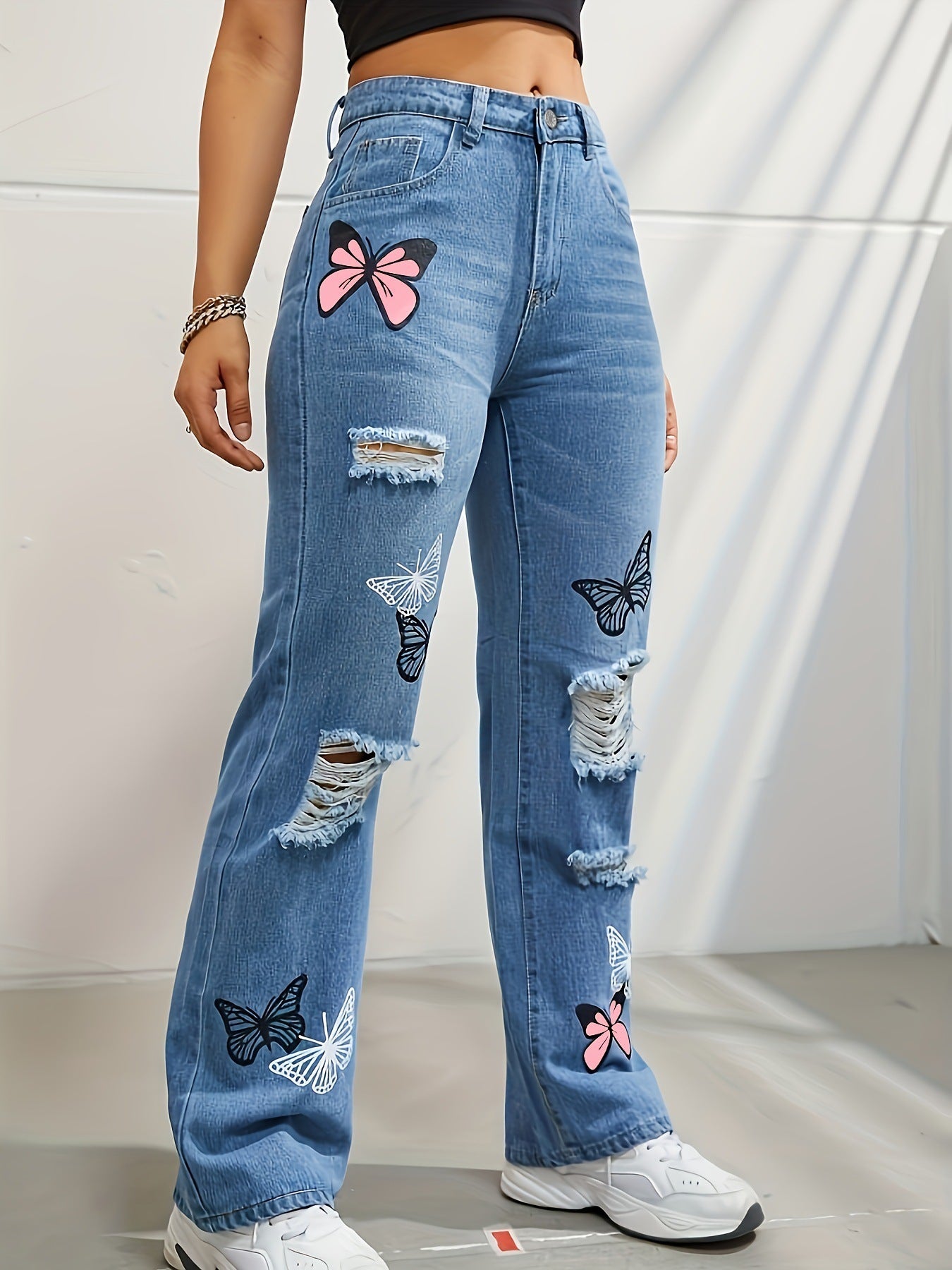 Schmetterlings-Print High-Waist-Jeans mit Rissen