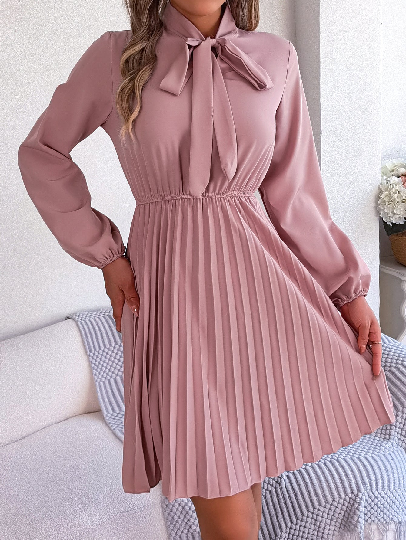 Damen Langarmkleid mit Taillenschnürung