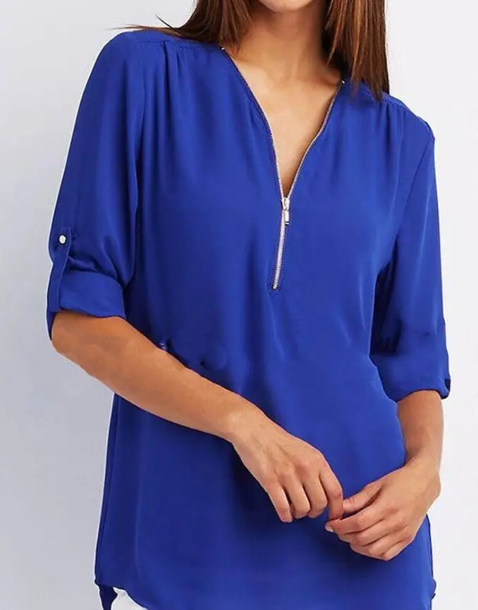 Kurzhemd mit Frauen mit Zipper und V -Flick -Lose Top