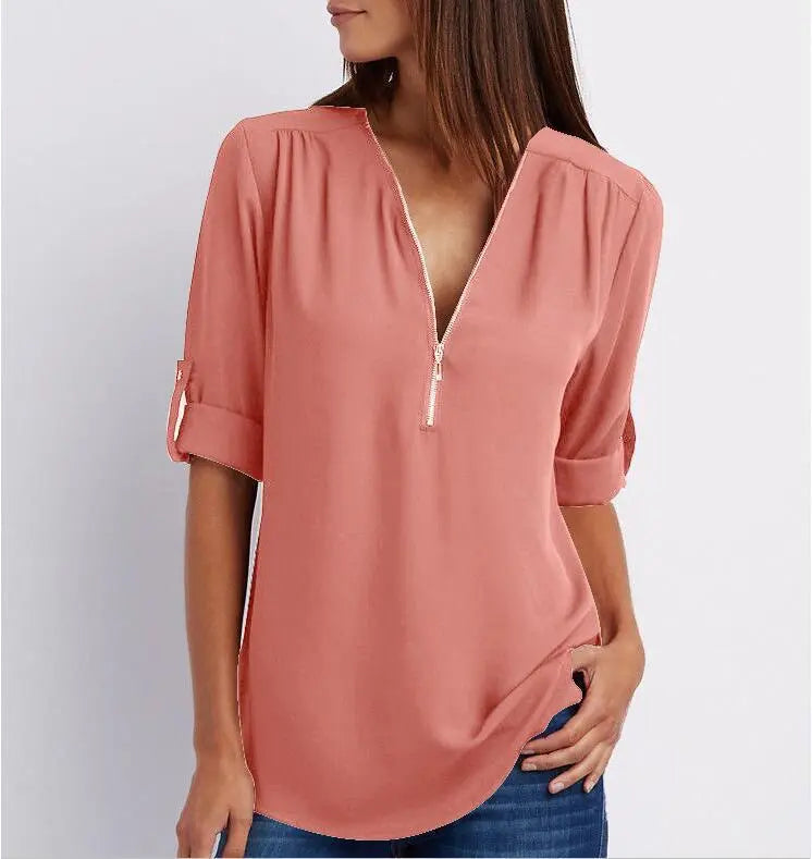 Kurzhemd mit Frauen mit Zipper und V -Flick -Lose Top