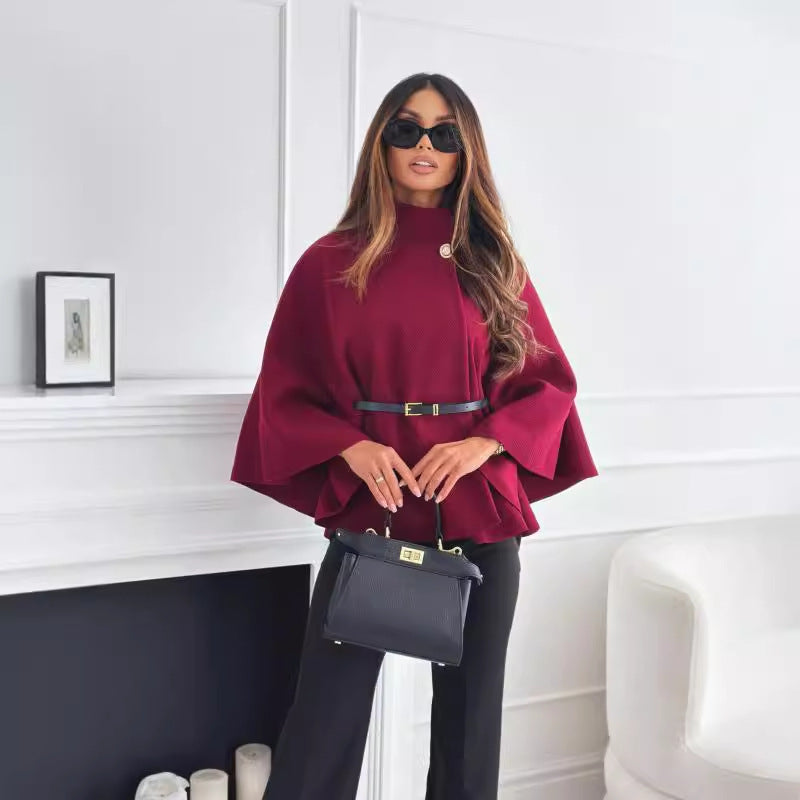 Damen Cape mit Stehkragen und Gürtel – Modischer Wollpullover-Stil - FashionGlam