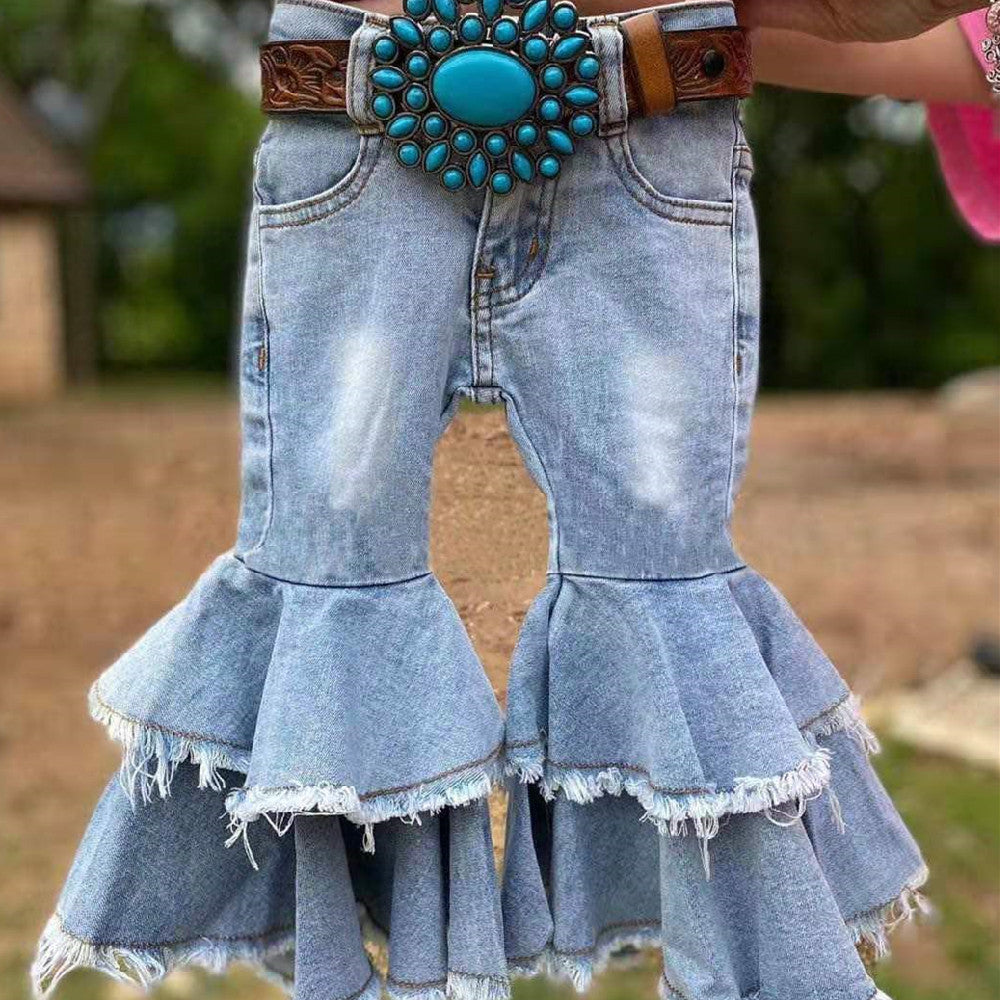 Doppelrüschen Leopard Kinder Denim Kleidung
