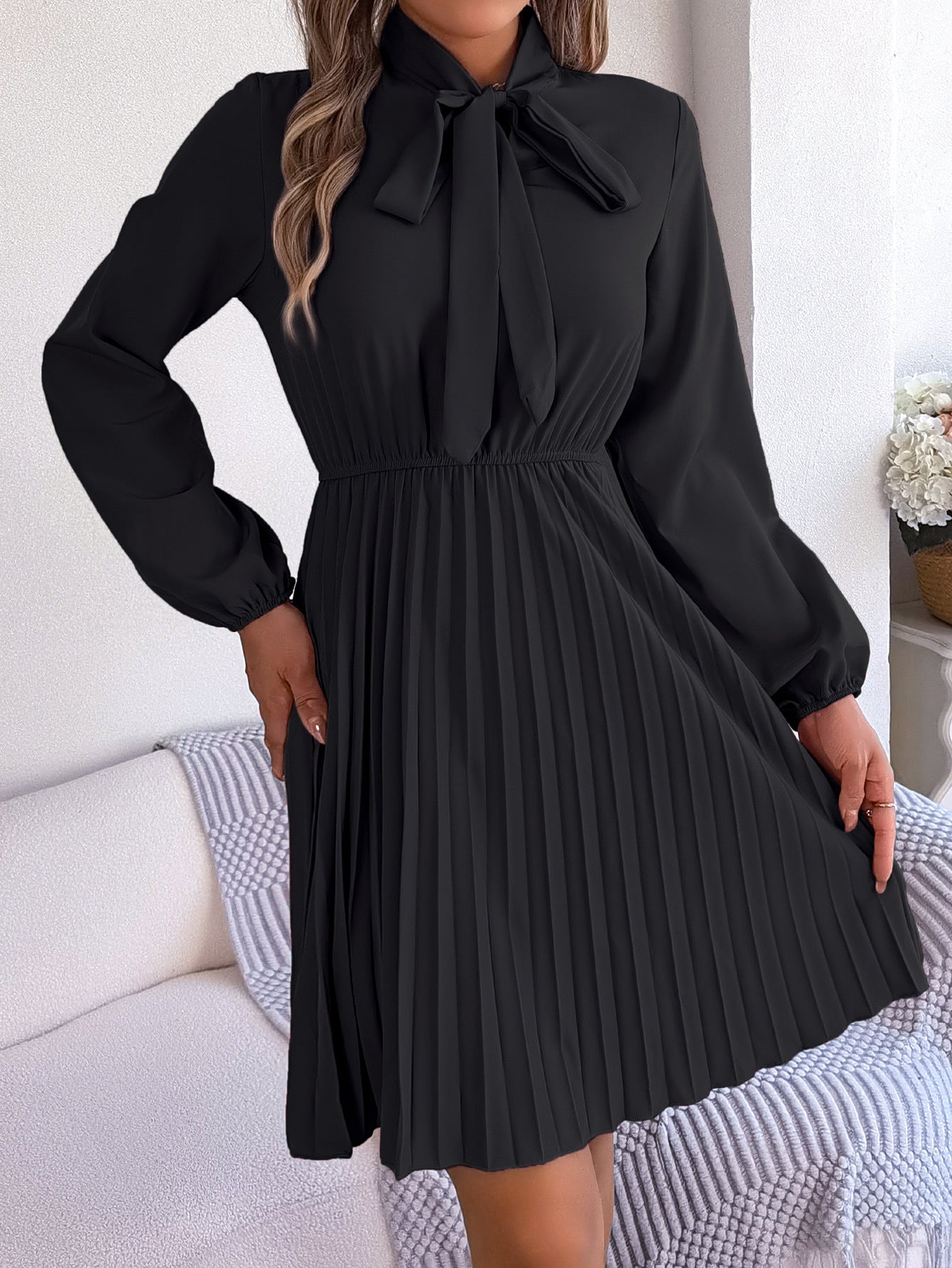 Damen Langarmkleid mit Taillenschnürung