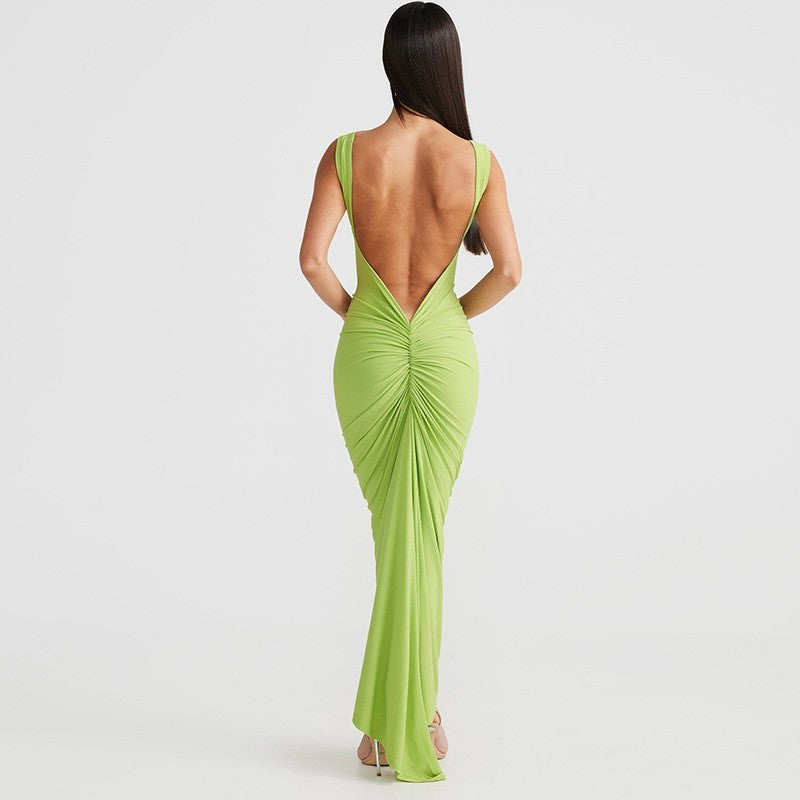 Modisches rückenfreies Träger-Langarm-Kleid mit Plisseefalten