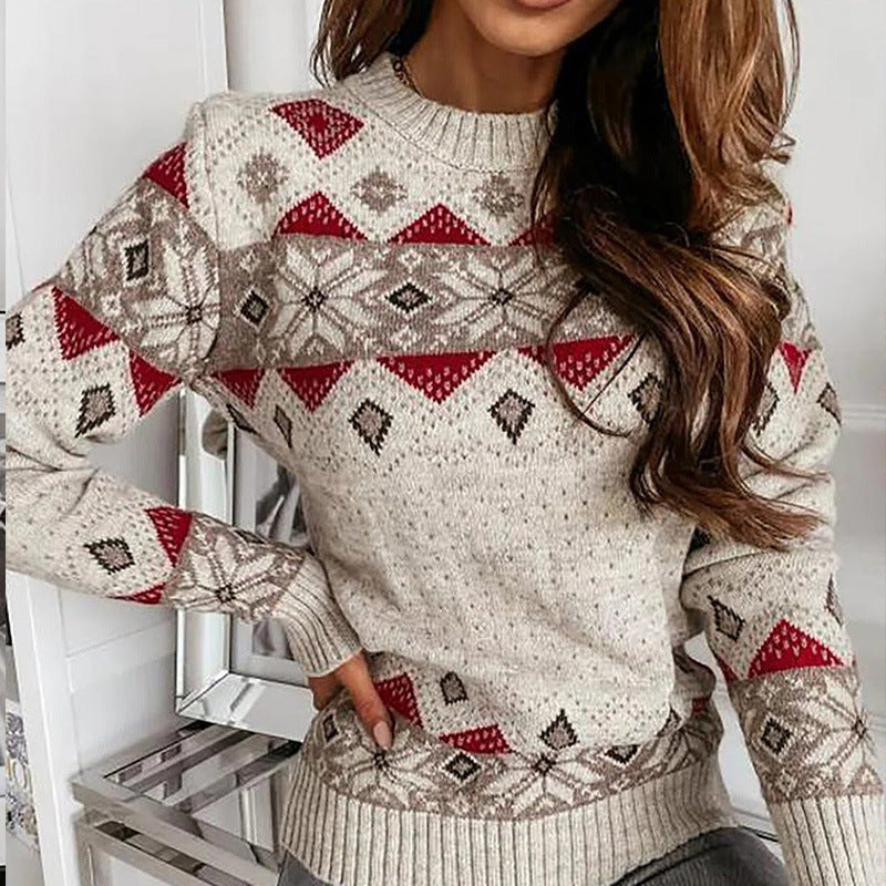 Damen Pullover mit geometrischem Rautenmuster und kontrastierenden Farben, warm