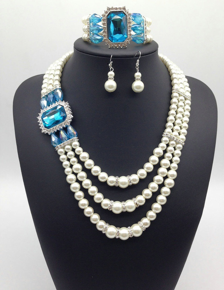 Diamant-Edelstein-Perlen-Halsketten- und Ohrring-Set in europäischem Stil