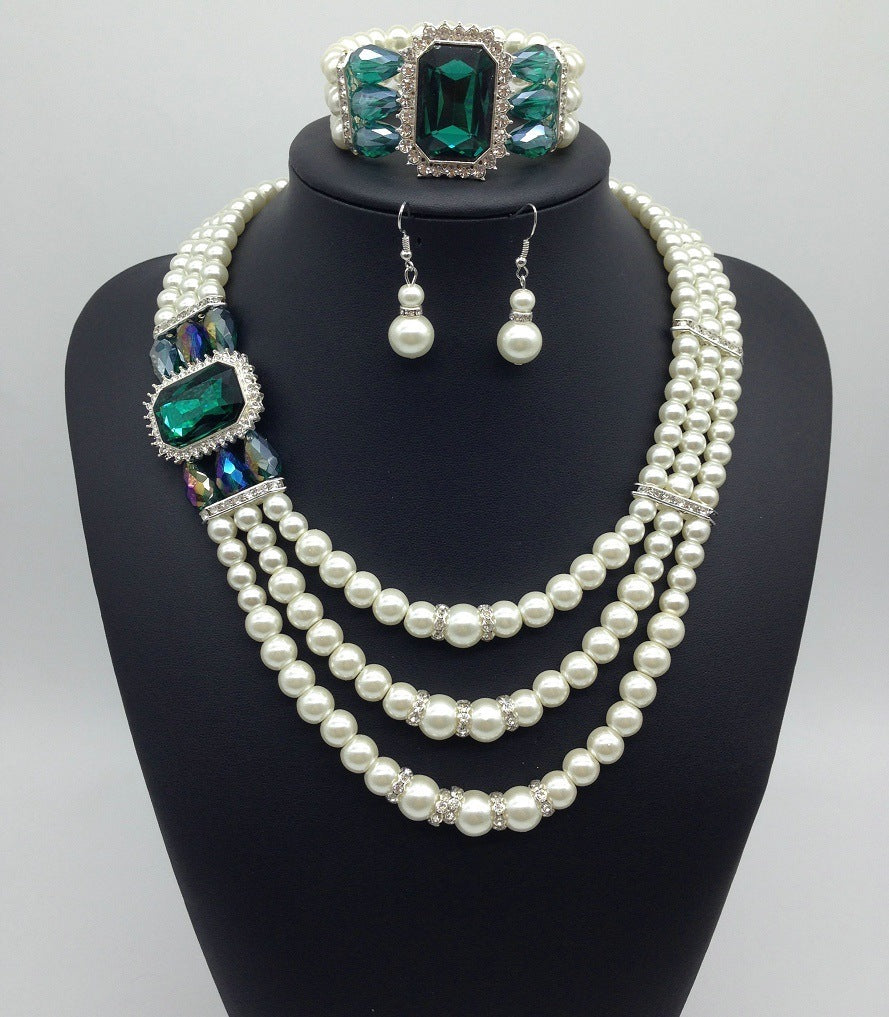 Diamant-Edelstein-Perlen-Halsketten- und Ohrring-Set in europäischem Stil
